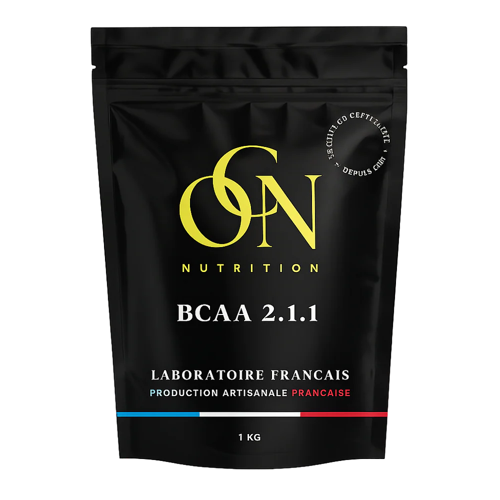 Black stand-up pouch of ON Nutrition BCAA 2.1.1 with French production label, 1 kg capacity, colorful band on bottom edge