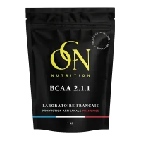 Black stand-up pouch of ON Nutrition BCAA 2.1.1 with French production label, 1 kg capacity, colorful band on bottom edge